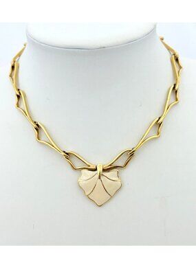 Vintage Monet Cream/Gold Tone Enamel Leaf w/Unique Angular Chain Foldover Catch